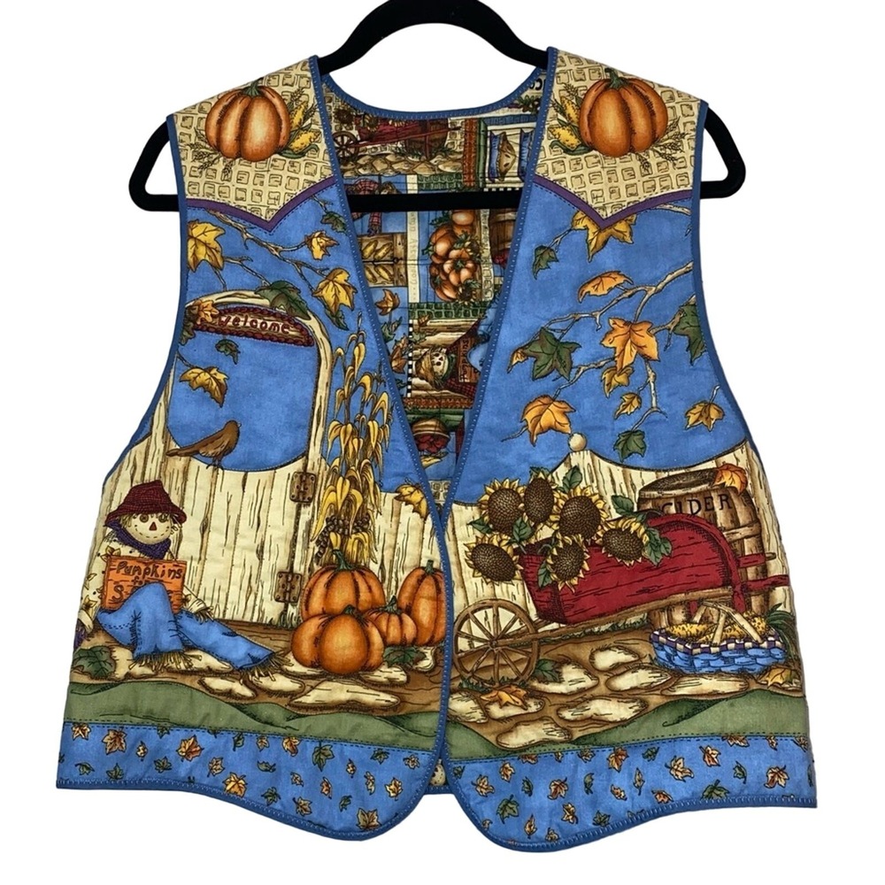 Handmade Reversible Fall Harvest Vest Scarecrow Pumpkin‎ Cottagecore Quilted